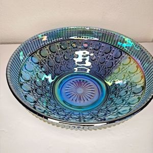 Vintage Blue Carnival Glass Center Salad Bowl Indiana Glass 1320 10.5" USA